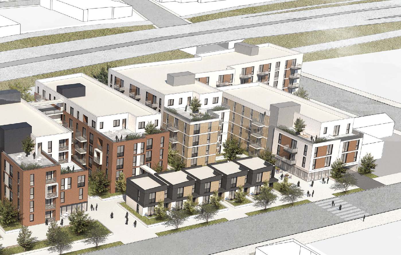 A 3D rendered image of a modern residential complex.