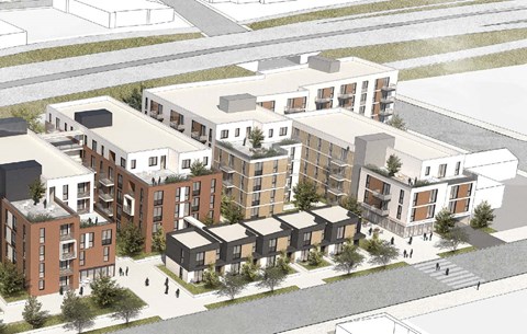 A 3D rendered image of a modern residential complex.