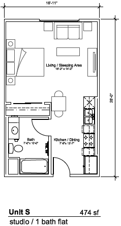 Studio Floorplan of Las Dahlias Apartments