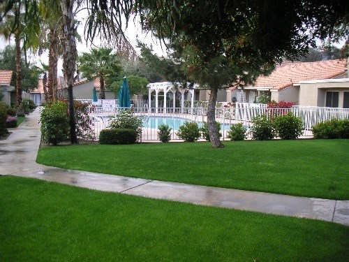 A pool surrounded by a white fence and trees.