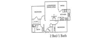 2 Bedroom 1 Bathroom floor plan of Mission Village Senior Apartments
