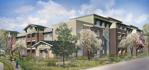 a rendering of a large apartment building with a street in front of it