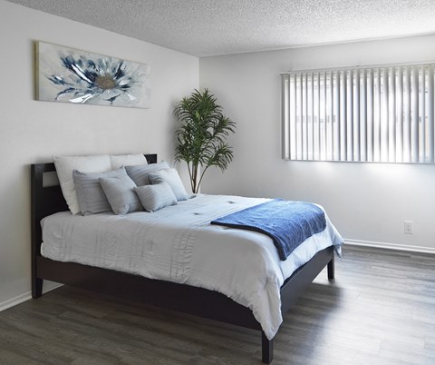 a bedroom with a bed and a palm tree in the corner