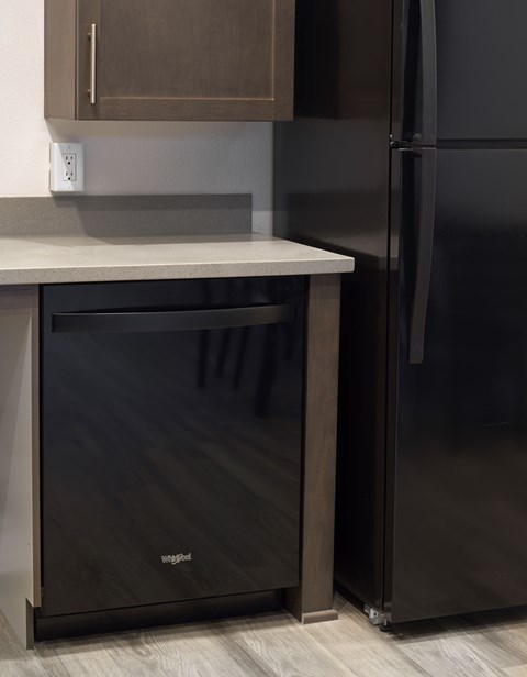 A black refrigerator stands next to a black dishwasher in a kitchen.