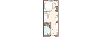 A floor plan of a house with a kitchen, living room, and bathroom.