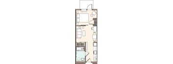 A floor plan of a house with a kitchen, living room, dining room, and bathrooms.