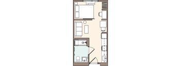 A floor plan of a room with a kitchen, living room, and bathroom.
