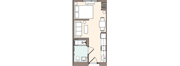 A floor plan of a room with a kitchen, living room, and bathroom.