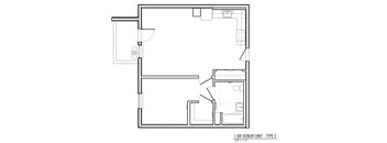 A floor plan of a 1 bedroom senior unit.