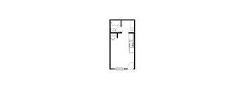 A floor plan of a room with furniture and appliances.