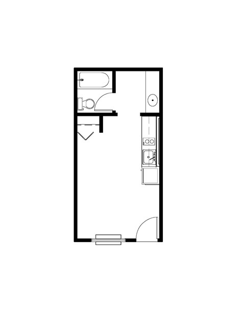 A floor plan of a room with furniture and appliances.