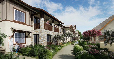 a rendering of a row of houses with people standing outside of them