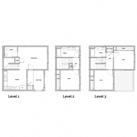 3 Story 3 Bedroom 3 Bathroom Floor Plan