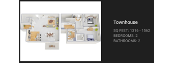 A diagram of a townhouse with two bedrooms and two bathrooms.