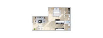 A floor plan of a house with a kitchen, living room, and bathroom.