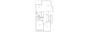 A black and white image of a floor plan for a house with a living room, dining room, kitchen, bathroom, and bedroom.