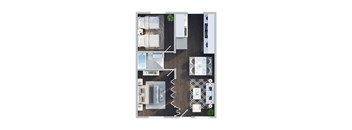 A top down view of a kitchen with a dining table and chairs.