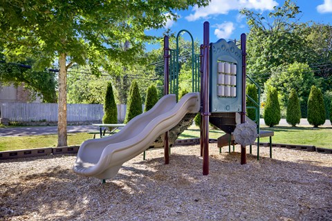A playground with a slide and a swing set.