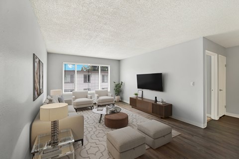A living room with a television, couches, and a coffee table.