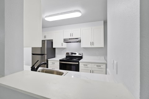 A modern kitchen with white cabinets and appliances.