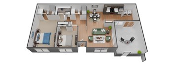 A 3D floor plan of a house showing a kitchen, living room, dining room, and bathrooms.
