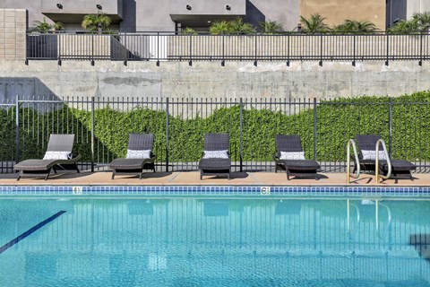 A pool with chairs and a wall of green plants.