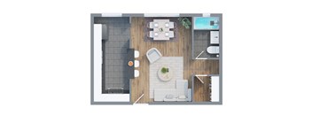A top-down view of a modern living room with a kitchen area.