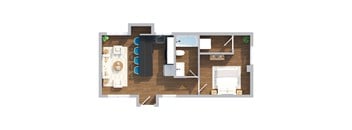 A top-down view of a room with a couch, chairs, a dining table, and a kitchenette.