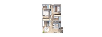 2 Bed Floorplan at Oxnard Plaza, North Hollywood, CA, 91606