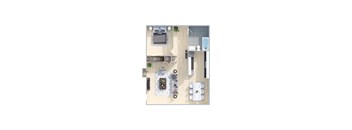 A top-down view of a kitchen with a dining table and chairs.