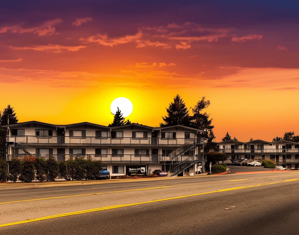A sunset view of a street with apartment buildings and cars parked on the side.