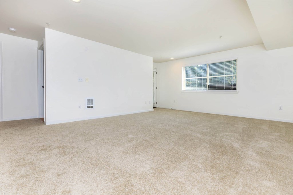 the spacious living room has white walls and carpeting and a window  at Delano, Washington, 98052