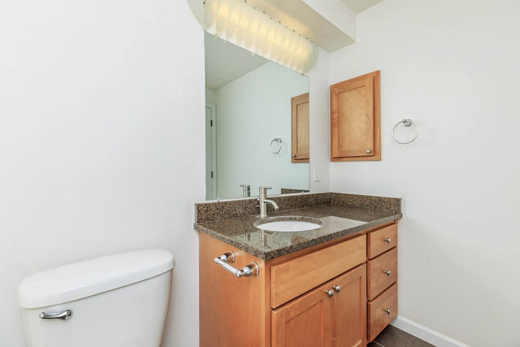 a bathroom with a sink and toilet and a mirror at Delano, Redmond, WA 98052