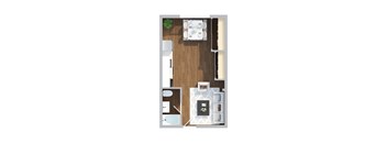 A floor plan of a small apartment with a kitchen, living room, and bathroom.