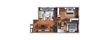 A top-down view of a house layout with a living room, kitchen, and bedrooms.
