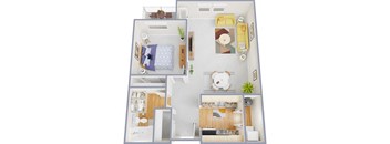 A top-down view of a small apartment with a bedroom, living room, kitchen, and bathroom.