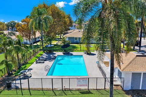 A pool surrounded by a fence and palm trees.