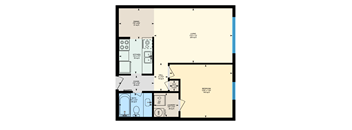 A floor plan of a living space with a kitchen, bathroom, and laundry area.