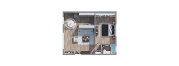A top-down view of a small apartment with a kitchen, living room, and bathroom at Sylvan Gardens,Van Nuys,CA,91401