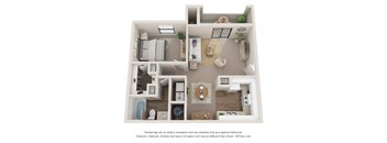 A 3D floor plan of a house with a kitchen, living room, and bedrooms.