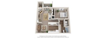 A 3D floor plan of a small apartment with a kitchen, living room, and bathroom.