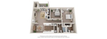 A 3D floor plan of a house with a kitchen, living room, and bedrooms.