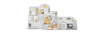 A floor plan of a house with a kitchen, living room, and two bedrooms.