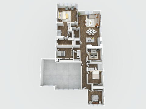 A floor plan of a house with a kitchen, living room, and two bedrooms.