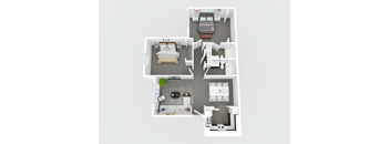 A floor plan of a house with two bedrooms, a living room, a kitchen, and a bathroom.