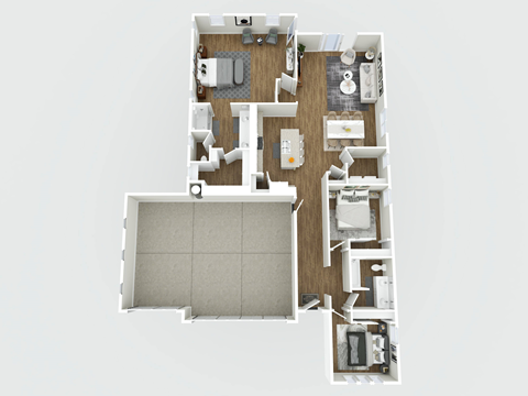 A 3D floor plan of a small apartment with a kitchen, living room, and bathroom.