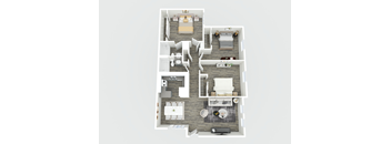 A top-down view of a house layout with multiple rooms and furniture.