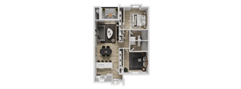 A 3D floor plan of a small apartment with a kitchen, living room, and bathroom.