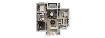 A 3D floor plan of a house with a kitchen, living room, and bathroom.