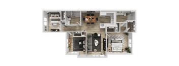 A top-down view of a modern apartment layout with a living room, kitchen, dining area, and bedrooms.